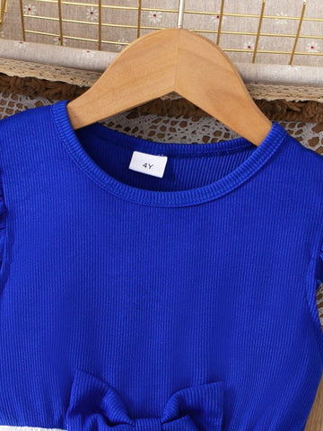 Young Girl's Fashion Sweet Style Solid Ribbed Round Neck Butterfly Sleeve Bow & Rainbow Flower Print Hem A-Line Dress