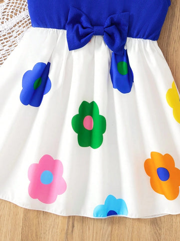 Young Girl's Fashion Sweet Style Solid Ribbed Round Neck Butterfly Sleeve Bow & Rainbow Flower Print Hem A-Line Dress