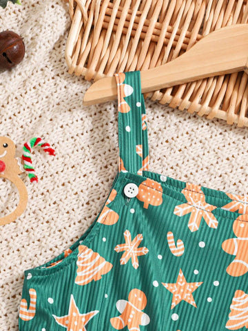 Young Girls Fashion Trendy Christmas Cartoon Print Strap Flare Jumpsuit