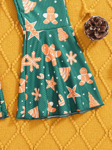 Young Girls Fashion Trendy Christmas Cartoon Print Strap Flare Jumpsuit