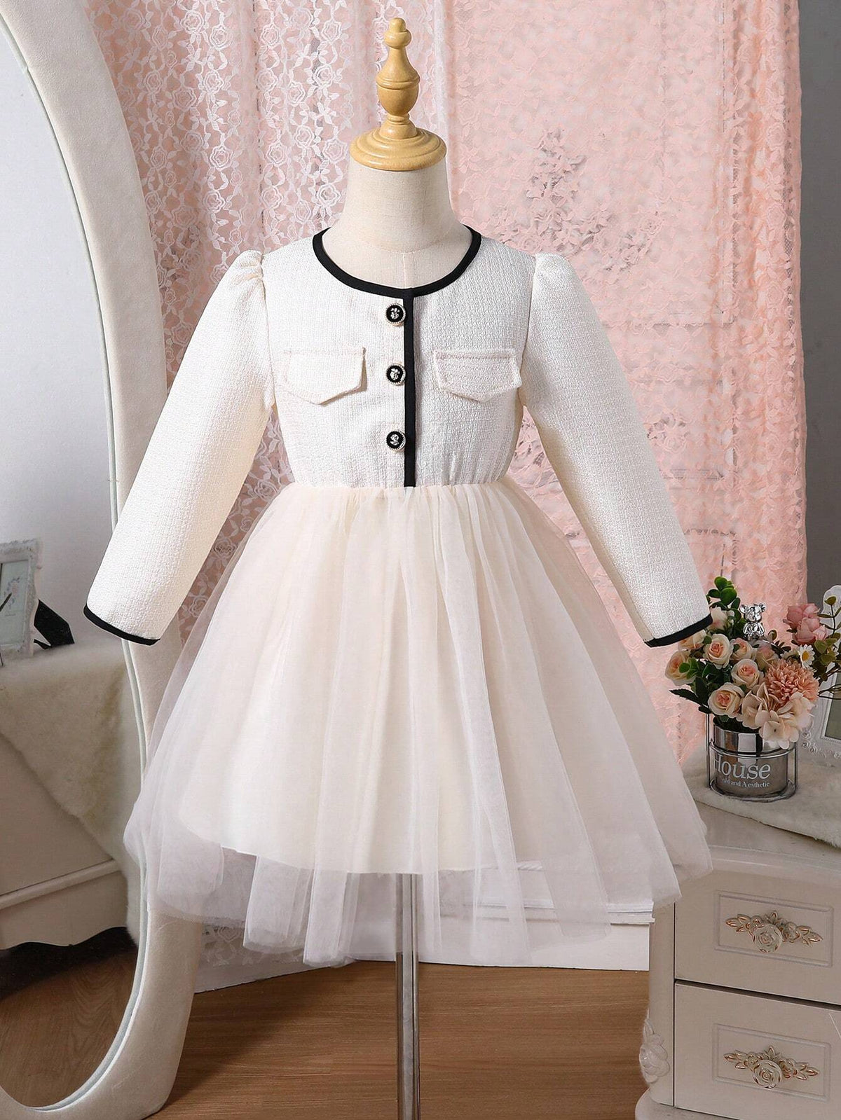 Young Girl's Fashion Tweed Fabric Color Block Lace-Up & Metal Button Detail Mesh Hem Dress