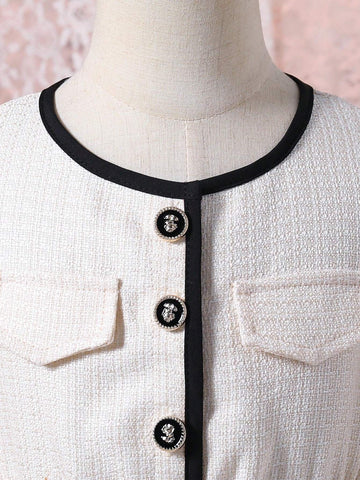 Young Girl's Fashion Tweed Fabric Color Block Lace-Up & Metal Button Detail Mesh Hem Dress