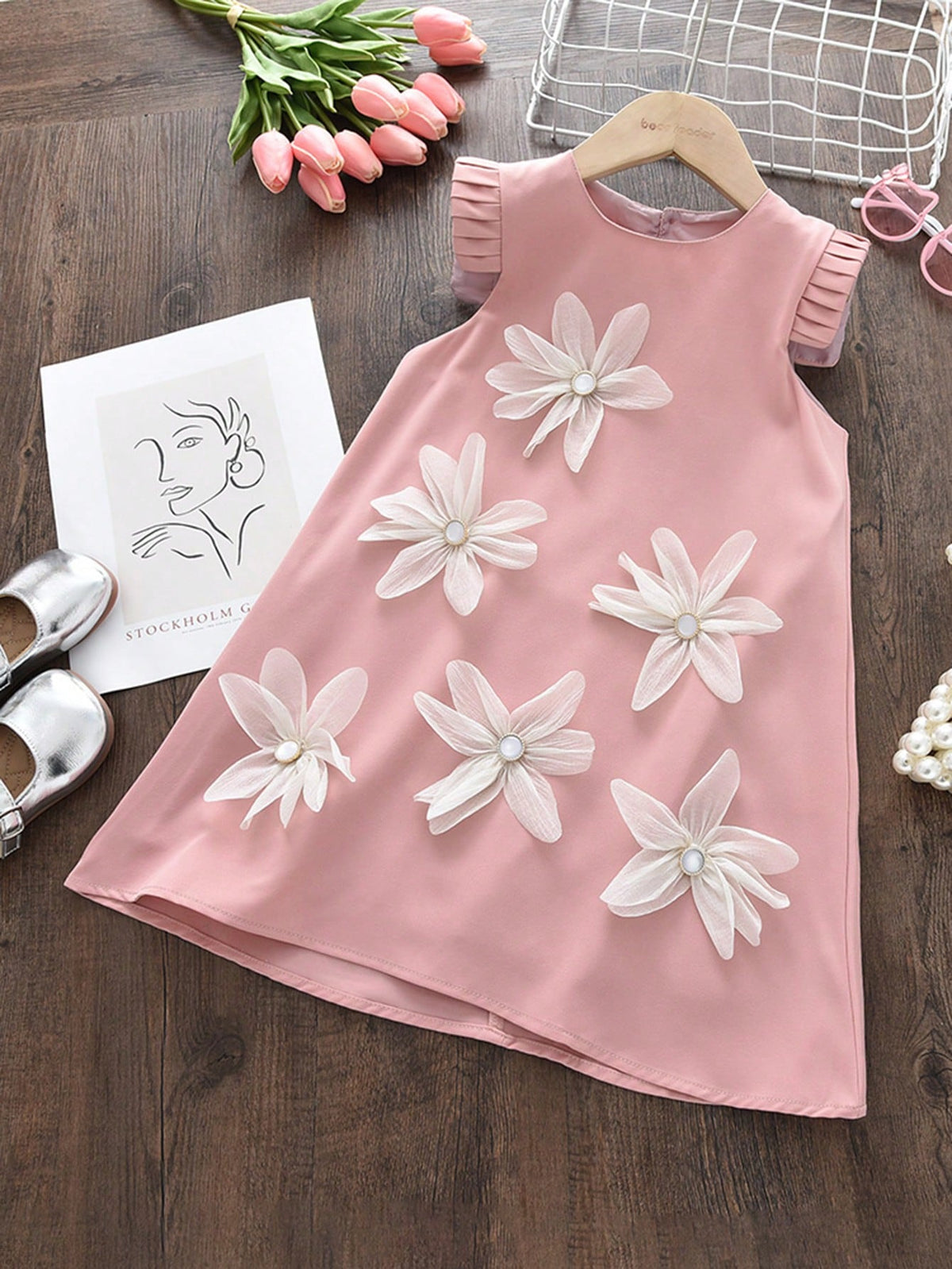 Young Girls Fashionable 3D Flower Decor Round Neck Sleeveless Dress, Summer