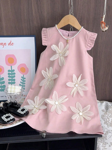 Young Girls Fashionable 3D Flower Decor Round Neck Sleeveless Dress, Summer
