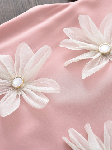 Young Girls Fashionable 3D Flower Decor Round Neck Sleeveless Dress, Summer