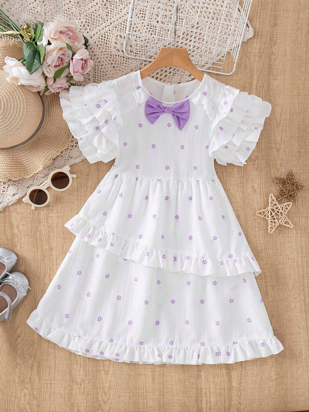 Young Girls' Fashionable And Cute Bowknot Decoration Lace Dress
