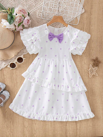 Young Girls' Fashionable And Cute Bowknot Decoration Lace Dress