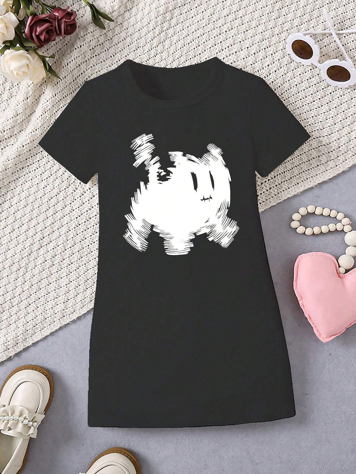 Young Girls" Fashionable And Cute Cat Printed Short-Sleeve Dress