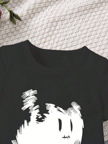 Young Girls" Fashionable And Cute Cat Printed Short-Sleeve Dress