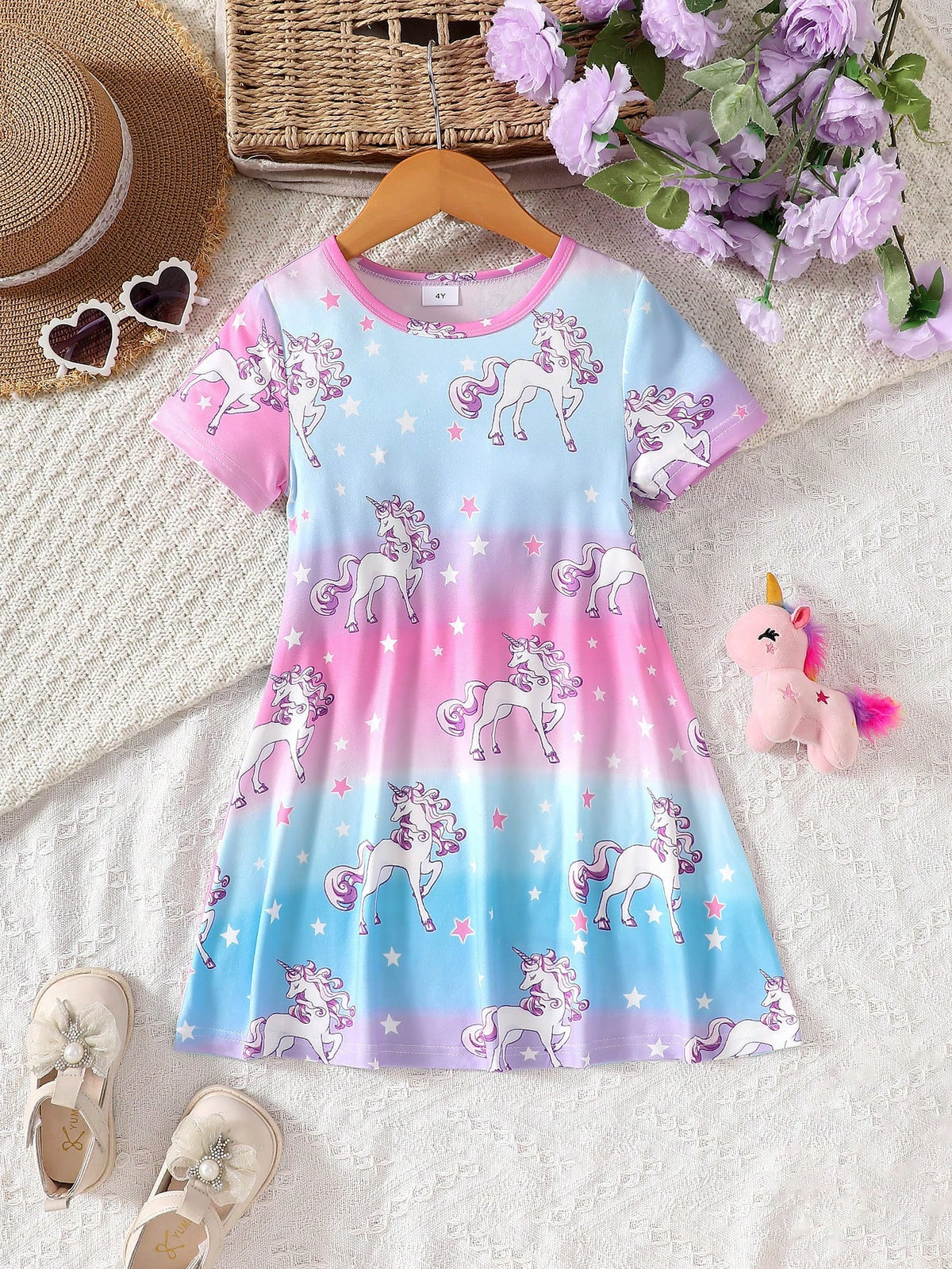 Young Girls Fashionable And Cute "Sweet Unicorn Pattern" Gradient Round Neck Short-Sleeved Dress Spring And Summer New Style
