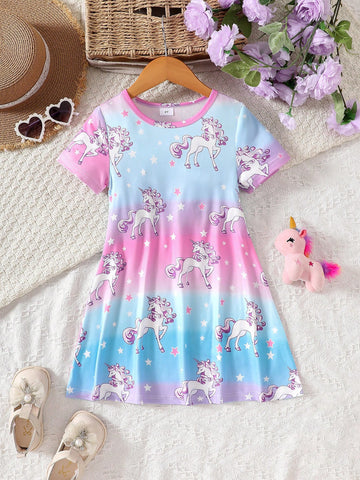 Young Girls Fashionable And Cute "Sweet Unicorn Pattern" Gradient Round Neck Short-Sleeved Dress Spring And Summer New Style