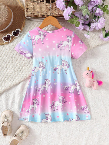Young Girls Fashionable And Cute "Sweet Unicorn Pattern" Gradient Round Neck Short-Sleeved Dress Spring And Summer New Style
