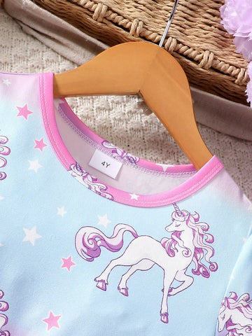 Young Girls Fashionable And Cute "Sweet Unicorn Pattern" Gradient Round Neck Short-Sleeved Dress Spring And Summer New Style