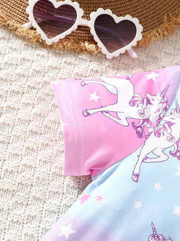 Young Girls Fashionable And Cute "Sweet Unicorn Pattern" Gradient Round Neck Short-Sleeved Dress Spring And Summer New Style