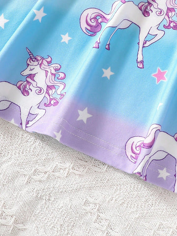Young Girls Fashionable And Cute "Sweet Unicorn Pattern" Gradient Round Neck Short-Sleeved Dress Spring And Summer New Style