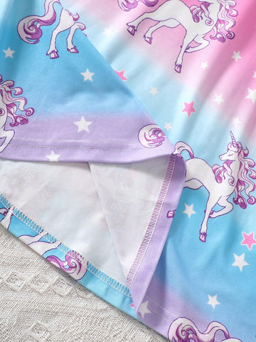 Young Girls Fashionable And Cute "Sweet Unicorn Pattern" Gradient Round Neck Short-Sleeved Dress Spring And Summer New Style