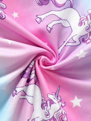 Young Girls Fashionable And Cute "Sweet Unicorn Pattern" Gradient Round Neck Short-Sleeved Dress Spring And Summer New Style
