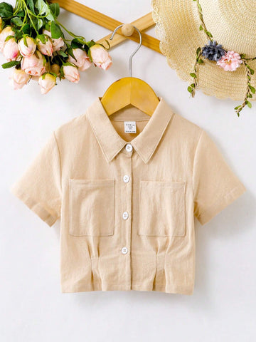Young Girl's Fashionable And Lovely Solid Color Short Sleeve Shirt With Simple Single-Row Buckle Turn-Down Collar For Summer, 4-7 Years Old