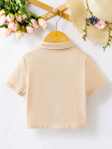 Young Girl's Fashionable And Lovely Solid Color Short Sleeve Shirt With Simple Single-Row Buckle Turn-Down Collar For Summer, 4-7 Years Old
