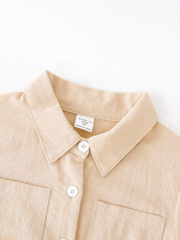 Young Girl's Fashionable And Lovely Solid Color Short Sleeve Shirt With Simple Single-Row Buckle Turn-Down Collar For Summer, 4-7 Years Old