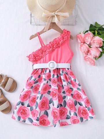 Young Girls' Fashionable Asymmetrical Collar Double Layered Ruffle Hem Top With Floral Print Skirt And Belt