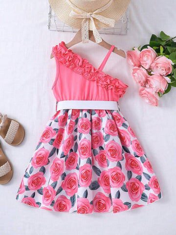 Young Girls' Fashionable Asymmetrical Collar Double Layered Ruffle Hem Top With Floral Print Skirt And Belt
