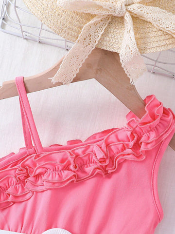 Young Girls' Fashionable Asymmetrical Collar Double Layered Ruffle Hem Top With Floral Print Skirt And Belt