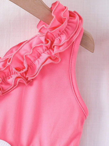 Young Girls' Fashionable Asymmetrical Collar Double Layered Ruffle Hem Top With Floral Print Skirt And Belt