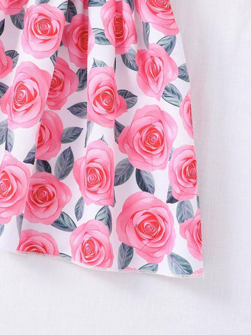 Young Girls' Fashionable Asymmetrical Collar Double Layered Ruffle Hem Top With Floral Print Skirt And Belt