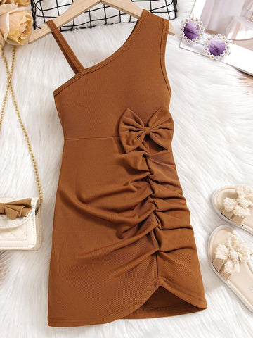 Young Girls' Fashionable Asymmetrical Collar, Pleated, Bow Decorated Dress For Summer