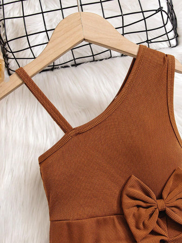 Young Girls' Fashionable Asymmetrical Collar, Pleated, Bow Decorated Dress For Summer