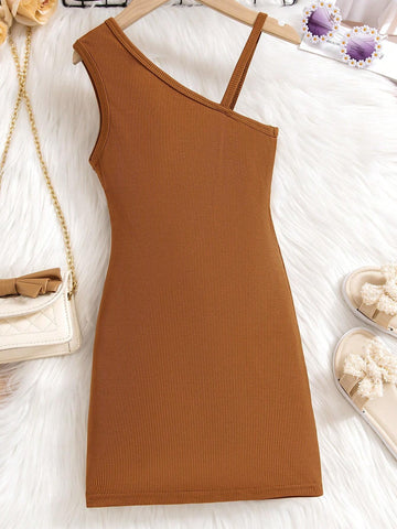 Young Girls' Fashionable Asymmetrical Collar, Pleated, Bow Decorated Dress For Summer