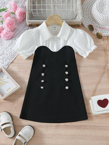 Young Girl's Fashionable Black & White Short Puff Sleeve Bubble Dress