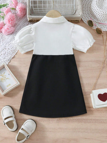 Young Girl's Fashionable Black & White Short Puff Sleeve Bubble Dress