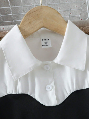 Young Girl's Fashionable Black & White Short Puff Sleeve Bubble Dress