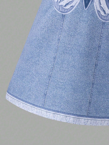 Young Girl's Fashionable Butterfly Printed Dress, Perfect For Back To School Season And Warm Vacation In Summer