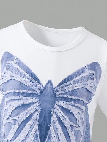 Young Girl's Fashionable Butterfly Printed Dress, Perfect For Back To School Season And Warm Vacation In Summer