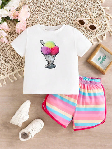 Young Girls' Fashionable Casual 2pcs/Set Short-Sleeved Top With Pom Pom Design And Striped Shorts For Summer