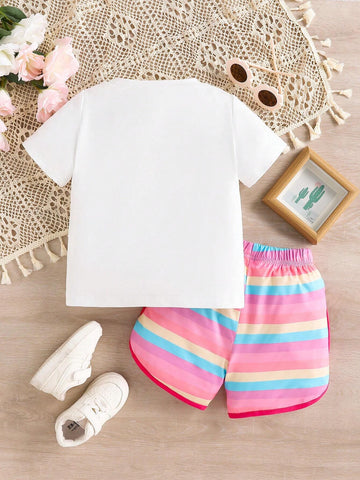 Young Girls' Fashionable Casual 2pcs/Set Short-Sleeved Top With Pom Pom Design And Striped Shorts For Summer
