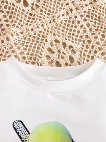 Young Girls' Fashionable Casual 2pcs/Set Short-Sleeved Top With Pom Pom Design And Striped Shorts For Summer