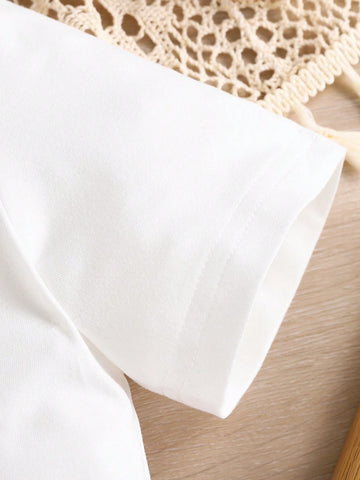 Young Girls' Fashionable Casual 2pcs/Set Short-Sleeved Top With Pom Pom Design And Striped Shorts For Summer