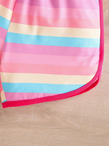 Young Girls' Fashionable Casual 2pcs/Set Short-Sleeved Top With Pom Pom Design And Striped Shorts For Summer