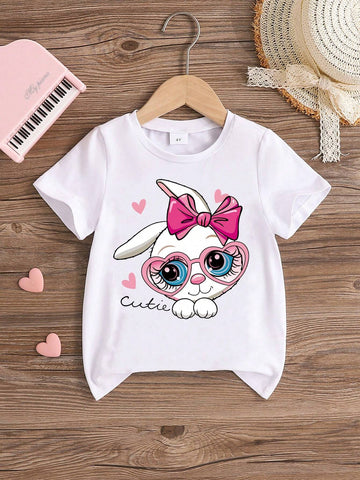 Young Girls' Fashionable Casual Comfortable Rabbit Printed Short Sleeve T-Shirt, Summer
