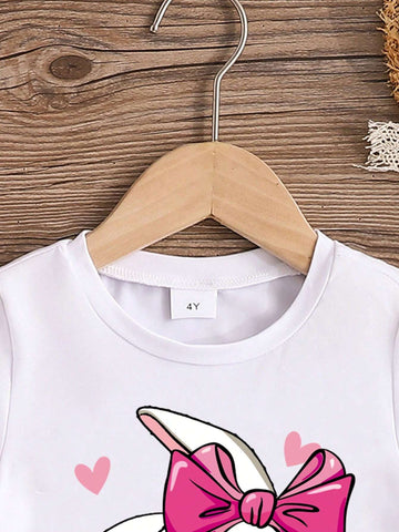 Young Girls' Fashionable Casual Comfortable Rabbit Printed Short Sleeve T-Shirt, Summer