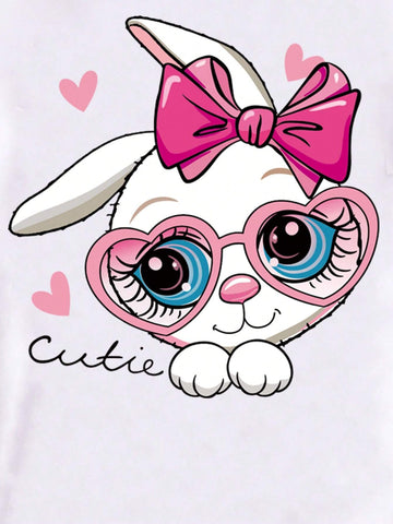 Young Girls' Fashionable Casual Comfortable Rabbit Printed Short Sleeve T-Shirt, Summer