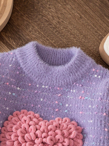 Young Girls' Fashionable Casual Trendy Cute Soft Minimalist Versatile Elegant 3D Heart Design Rainbow Polka Dot Knit Long Sleeve Pullover Sweater