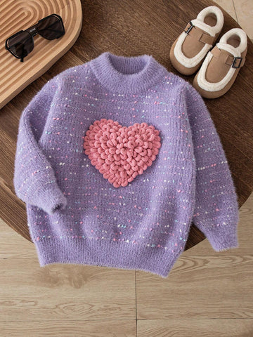 Young Girls' Fashionable Casual Trendy Cute Soft Minimalist Versatile Elegant 3D Heart Design Rainbow Polka Dot Knit Long Sleeve Pullover Sweater