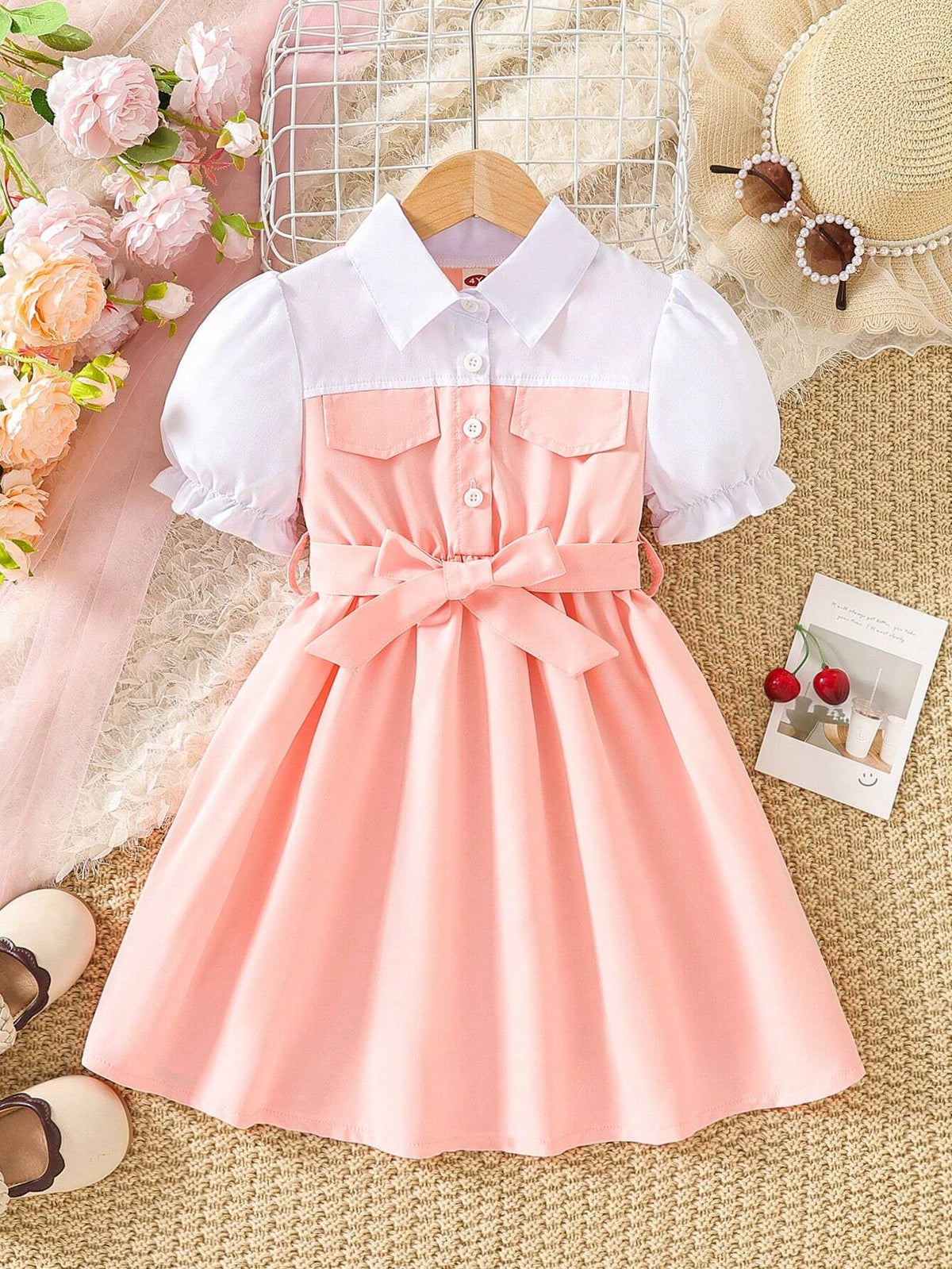 Young Girls' Fashionable Color Block Bubble Sleeve Dress With Cute Design