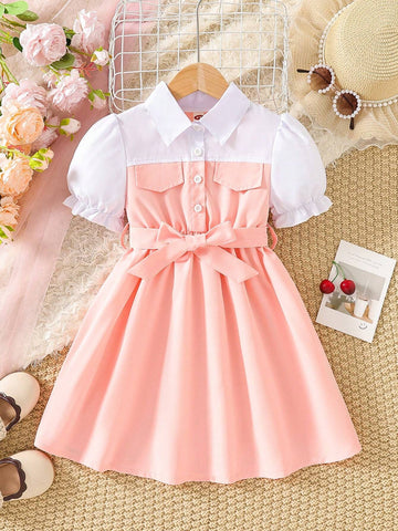 Young Girls' Fashionable Color Block Bubble Sleeve Dress With Cute Design