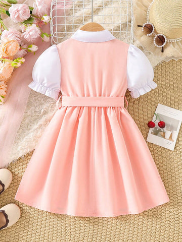Young Girls' Fashionable Color Block Bubble Sleeve Dress With Cute Design